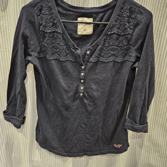 Y2k Hollister Dark Blue Lace Accent Shirt - Picture 2 of 6